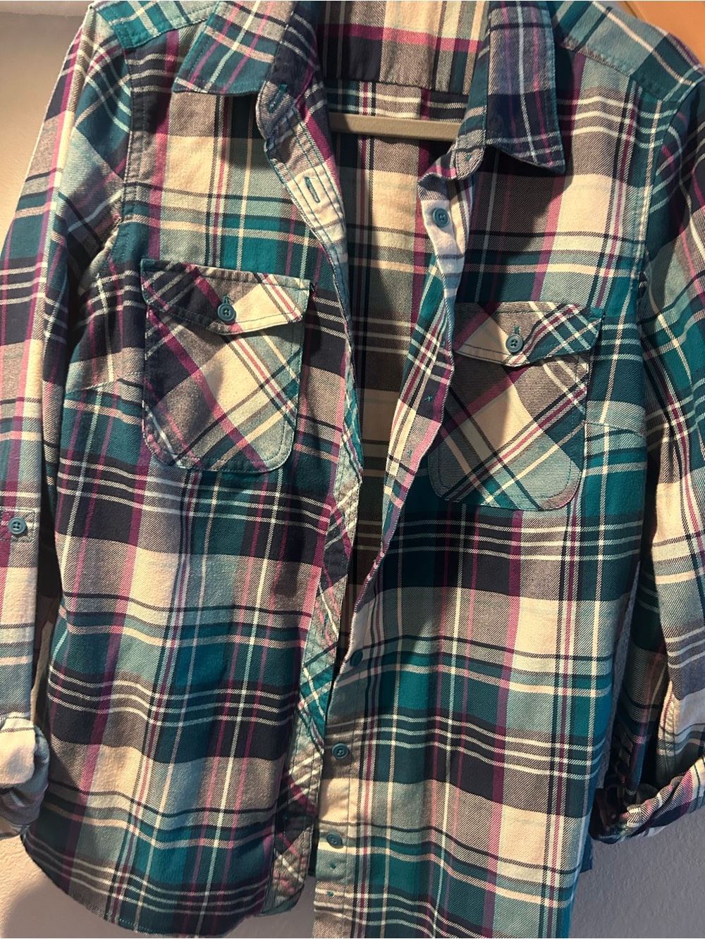 Duluth Trading Co Teal, Purple & Cream Plaid Shirt